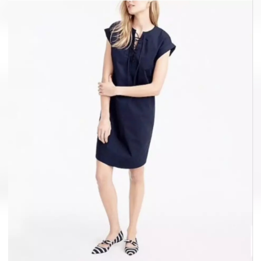 J Crew Navy Blue Lace Up‎ 100% Cotton Short Sleeve Shirt Dress